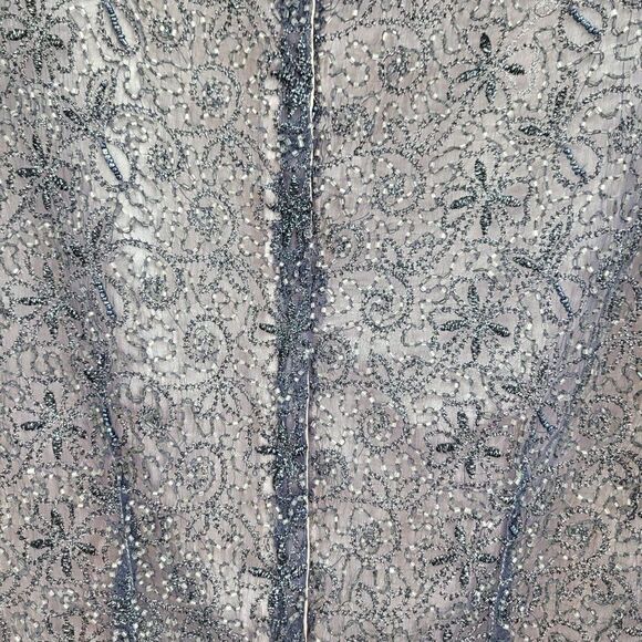 Vintage Adrianna Papell Formal Silk Beaded Short Sleeve Blouse 10P Gray Overlay - Picture 8 of 11